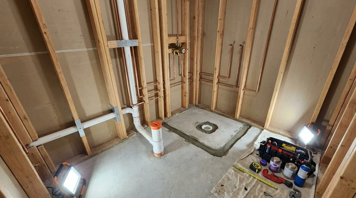 Bathroom rough-in plumbing during remodel by Johns Plumbing LLC in Godley