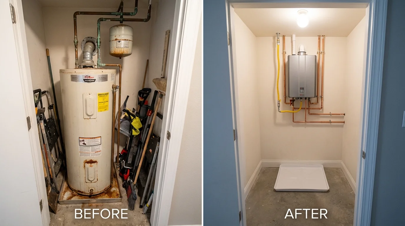 Tank water heater versus wall-mounted tankless unit comparison for Godley, TX homeowners