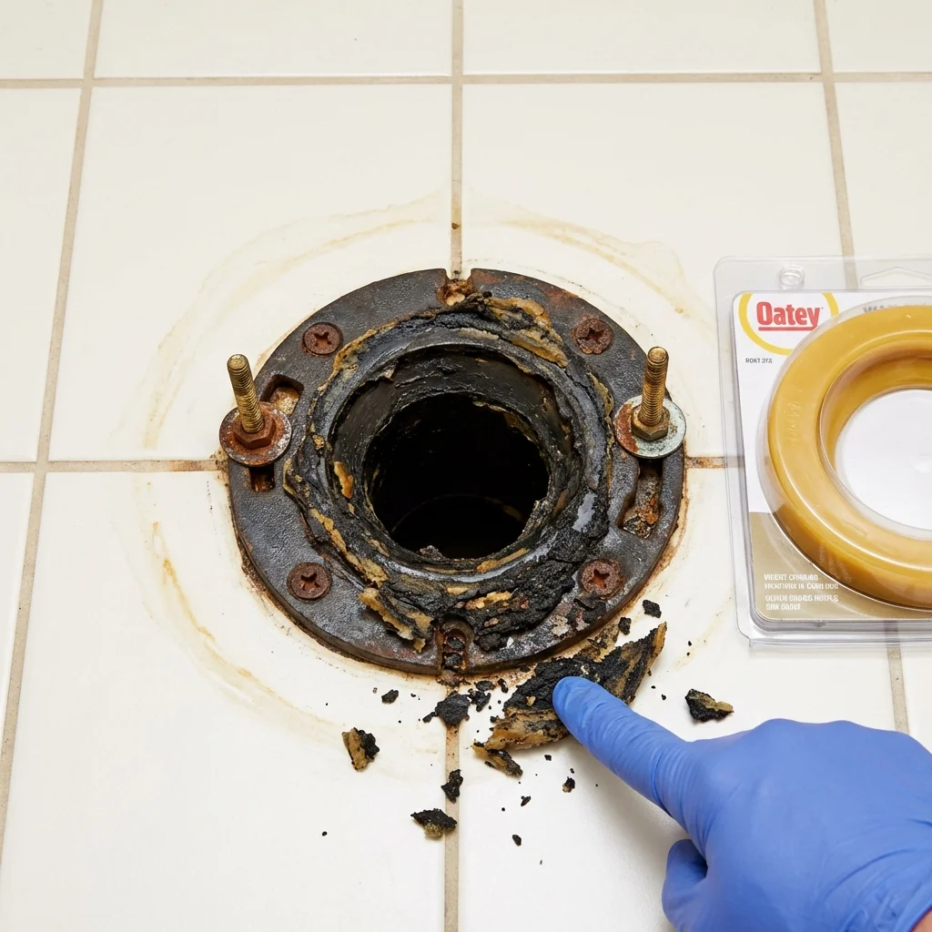 Failed wax ring showing water seepage at the base of a toilet in a Godley, TX home