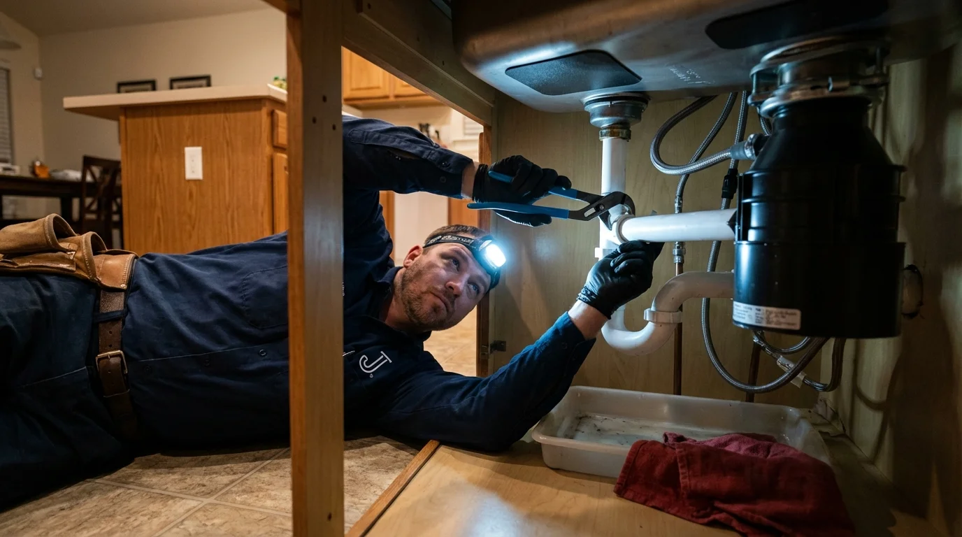 P-trap and supply line connections under a kitchen sink showing a common leak point in Godley, TX